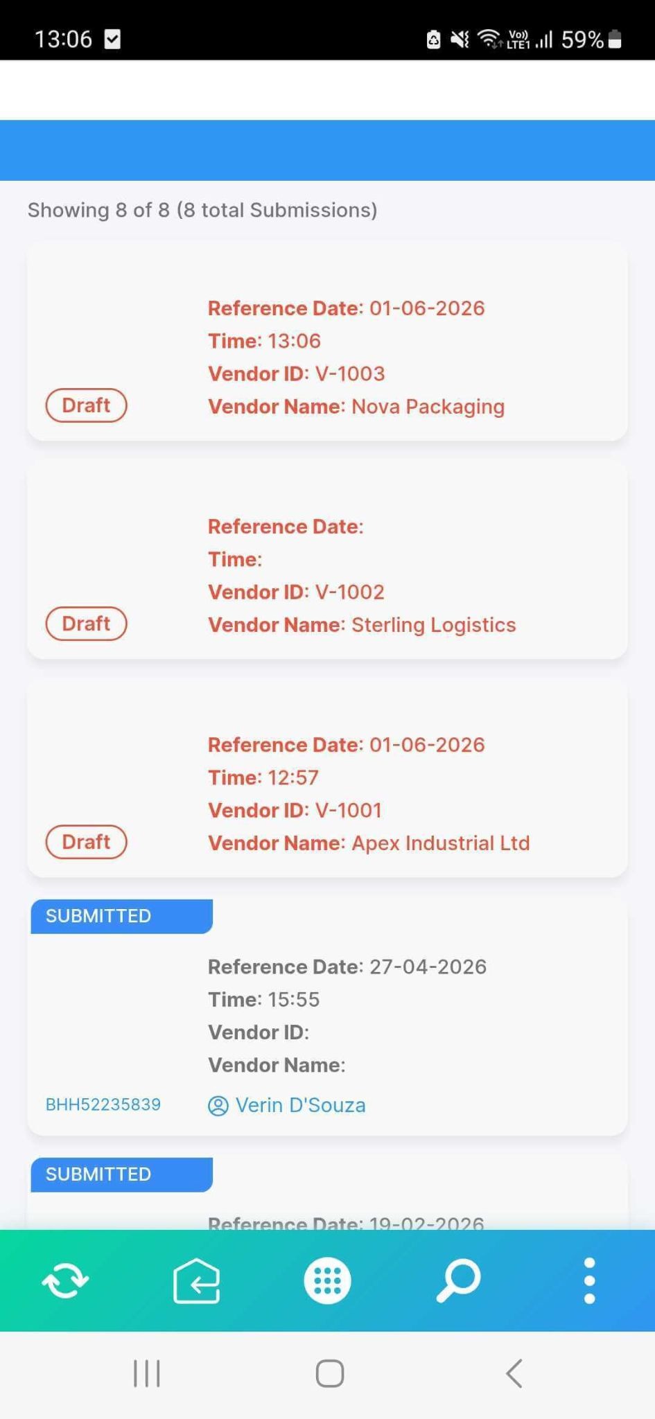 Clappia Mobile app showing multiple saved drafts