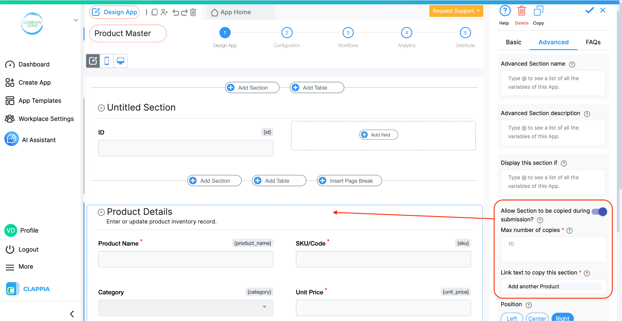 Source app with copyable section