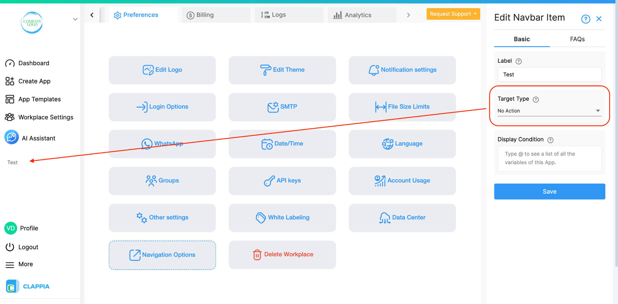 No action navigation item