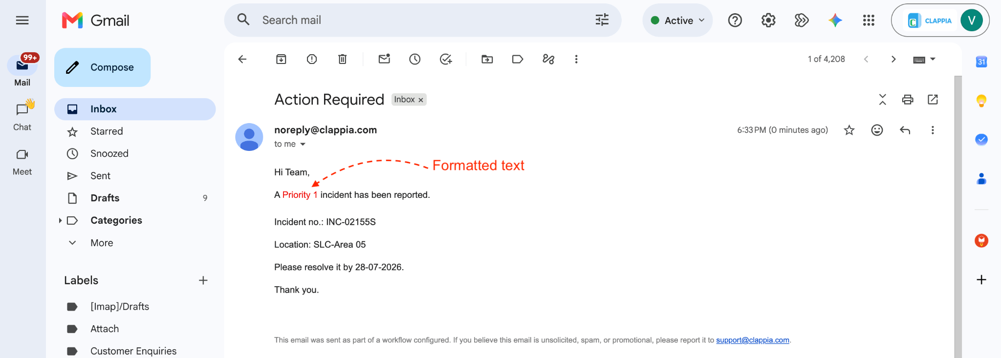 Email received with formatted text