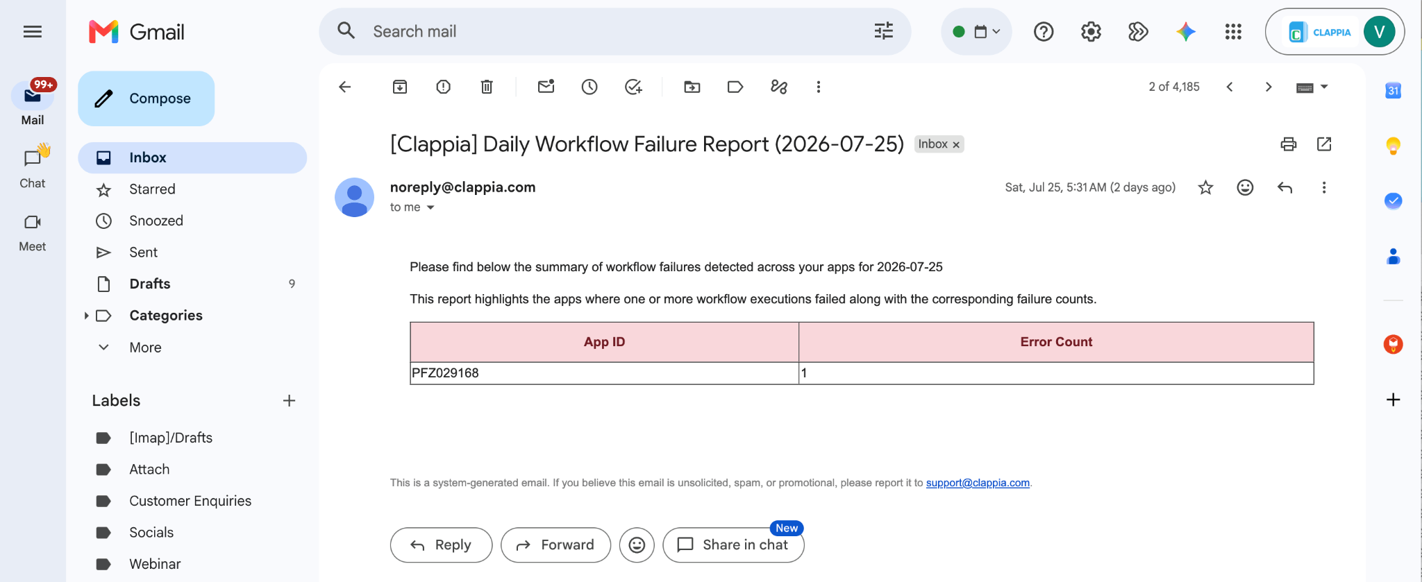 Email sent to app admin