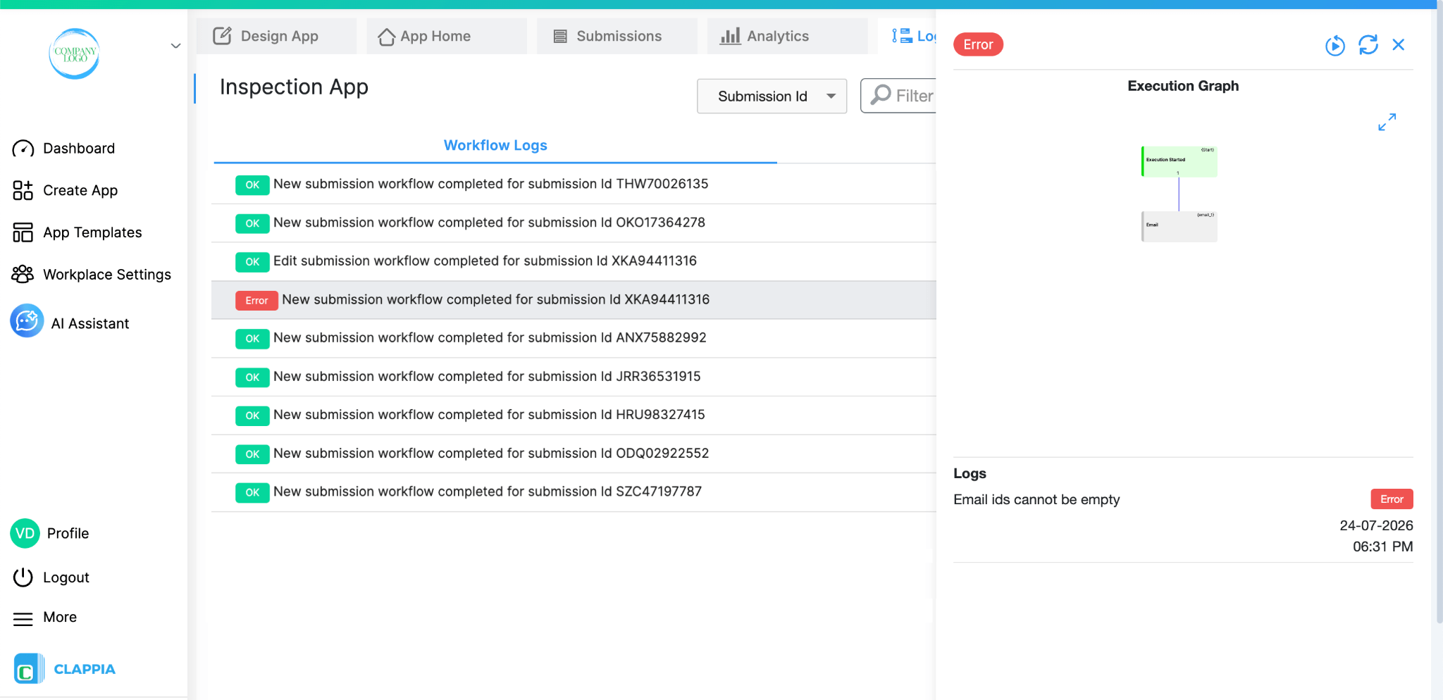 Find the workflow error in workflow logs