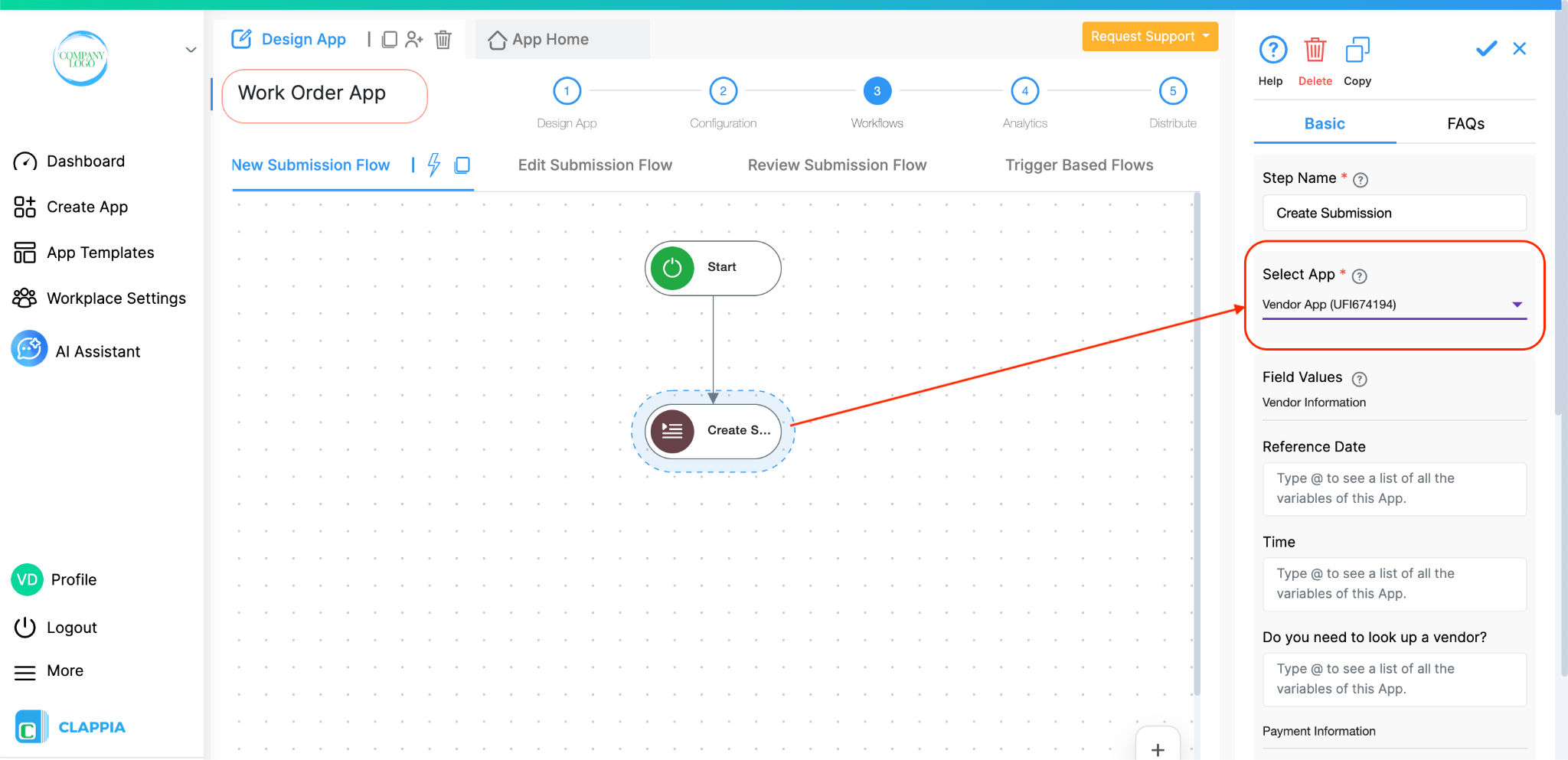 Another app includes the create submission workflow that creates submissions into the first app.