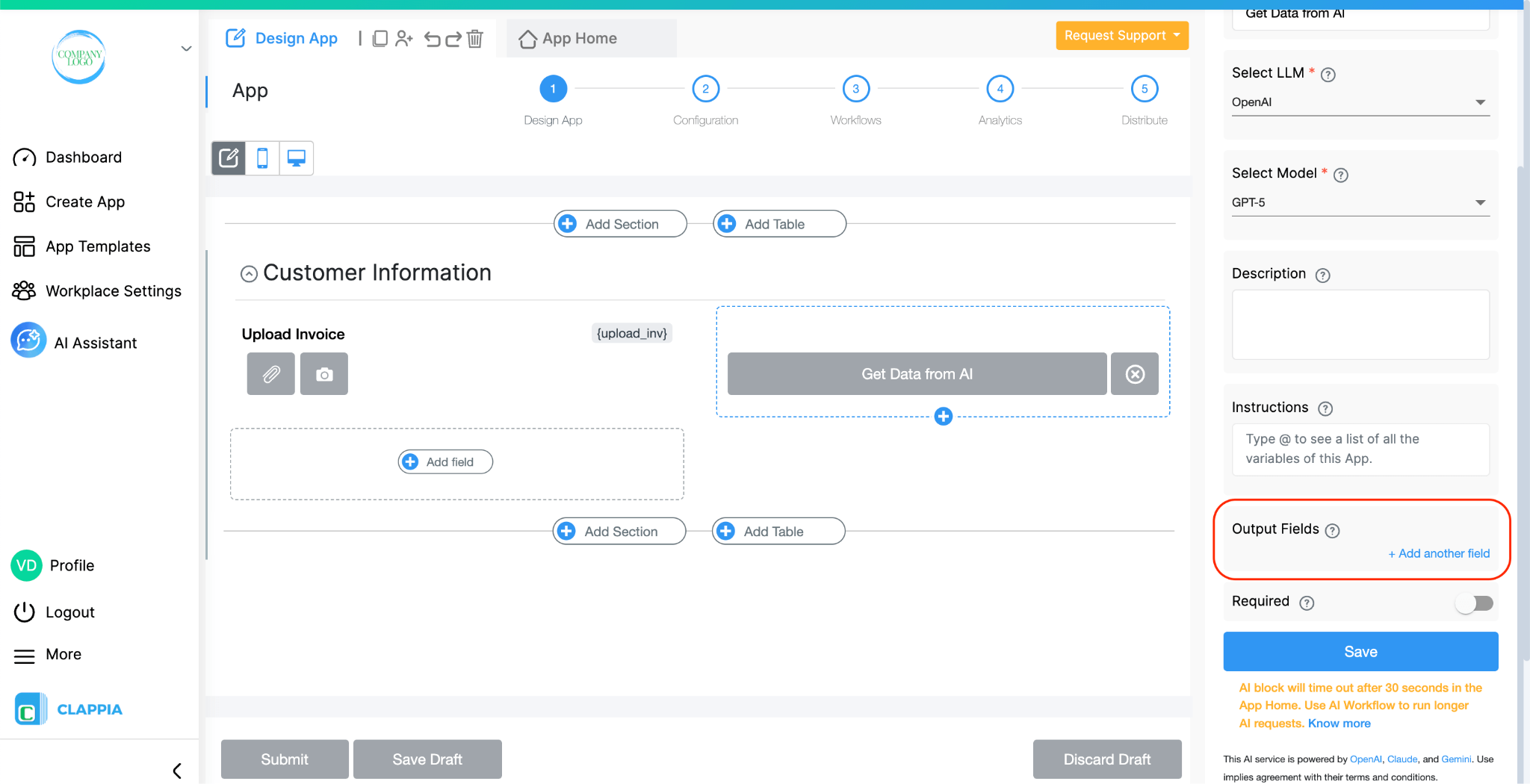 Output field option in the AI block