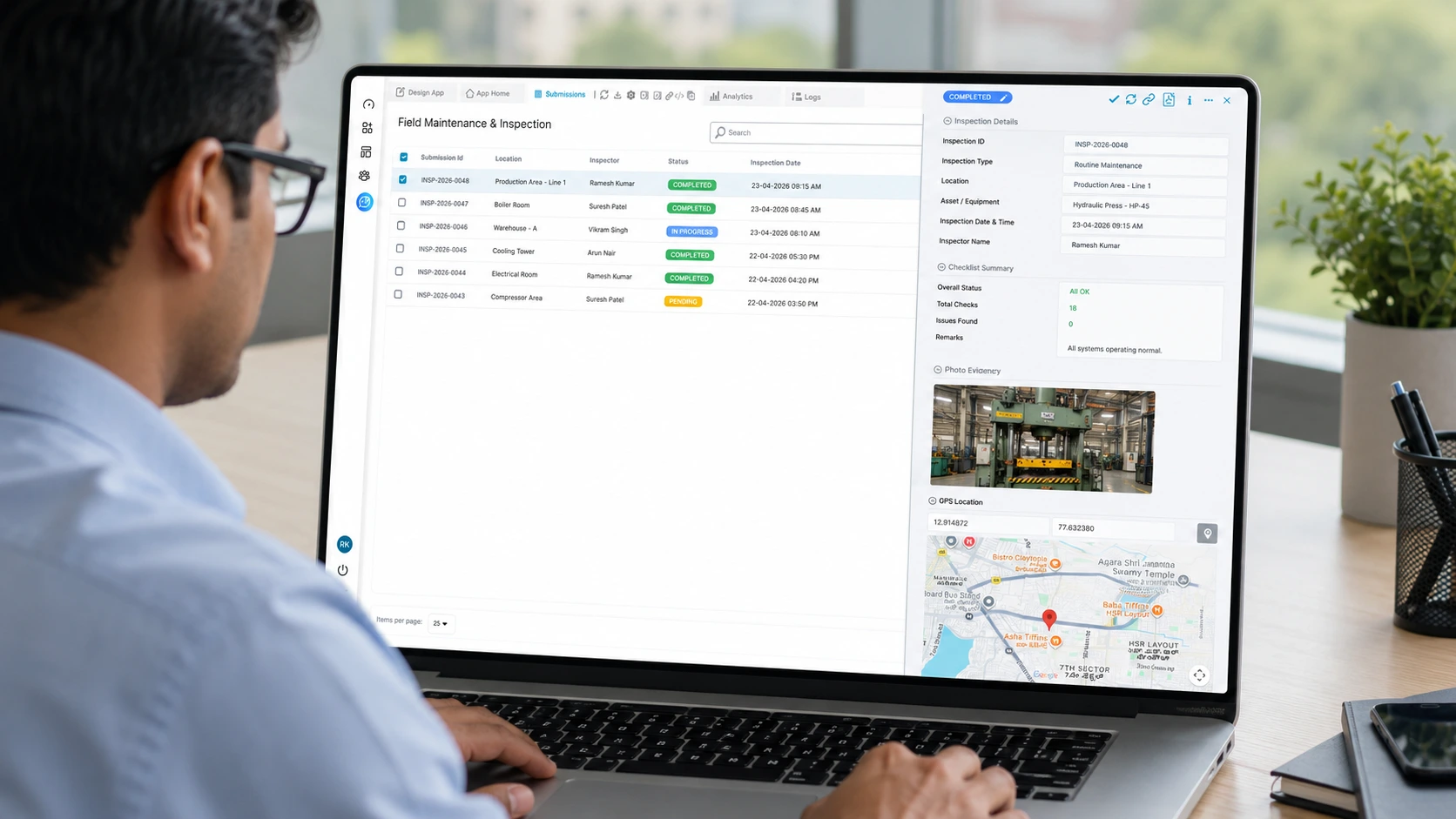 Clappia field maintenance and inspection app — submissions review on desktop
