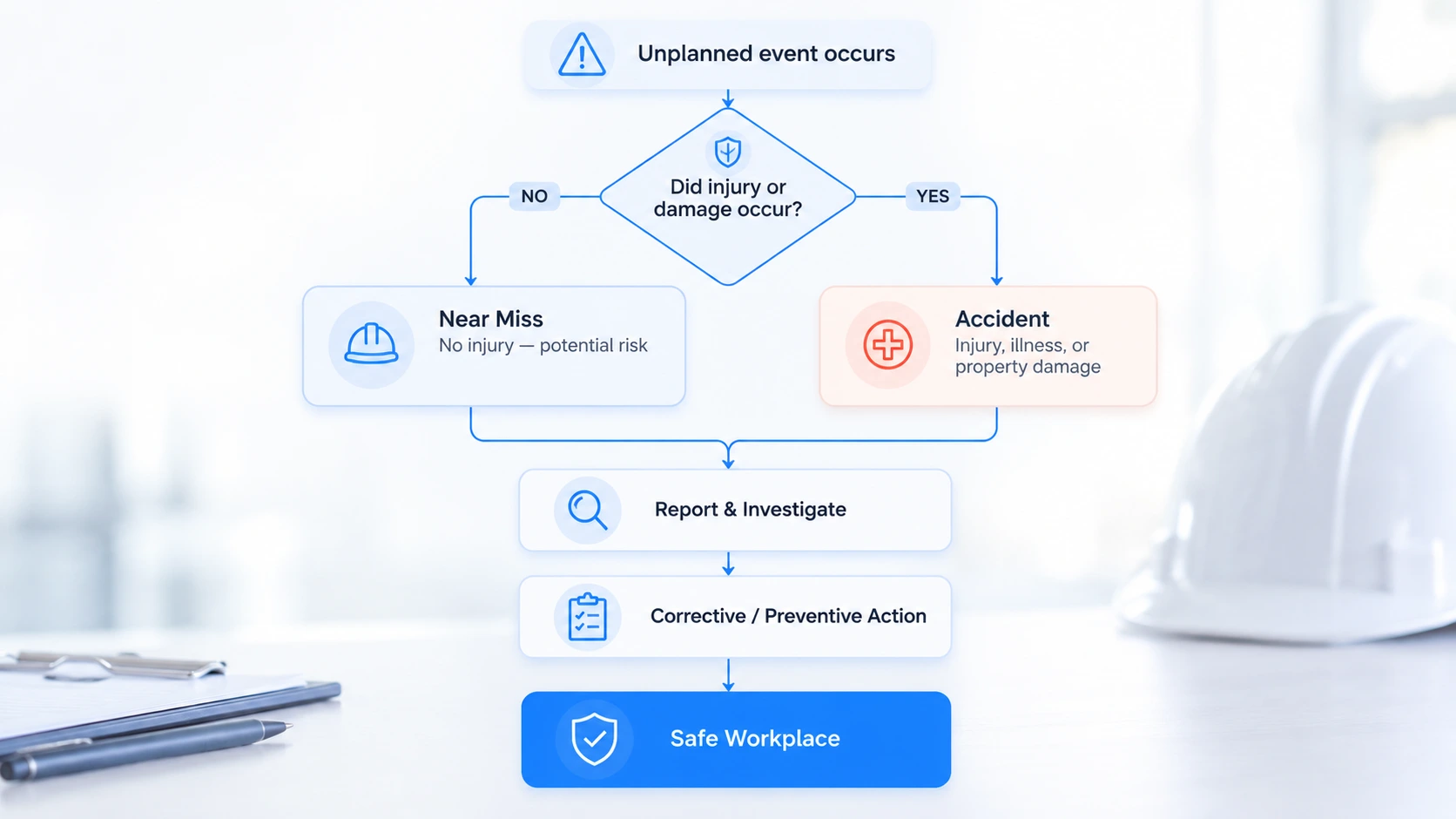Incident vs Accident vs Near Miss decision flowchart
