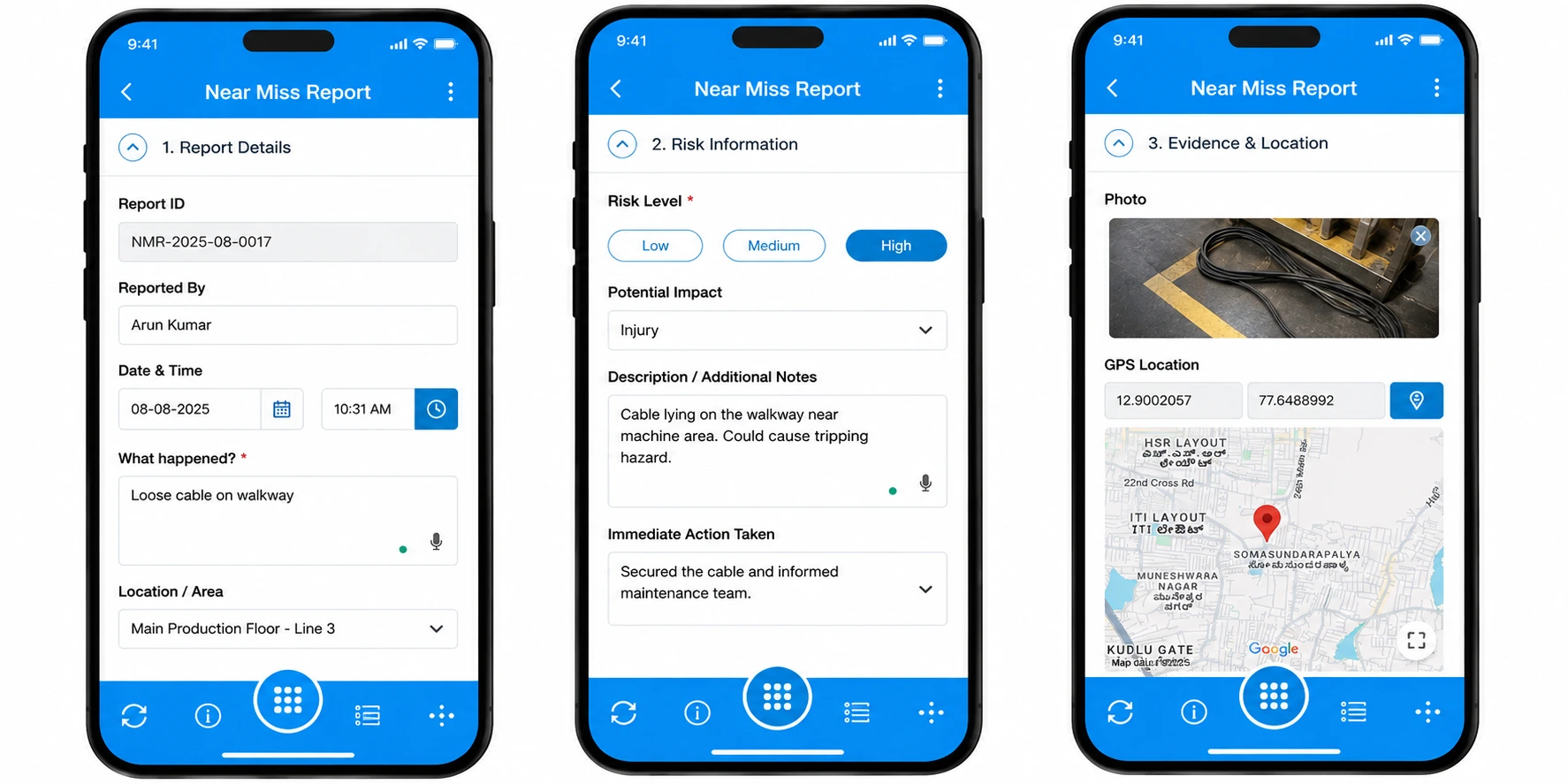 Clappia near miss reporting mobile app — report details, risk information, and evidence with GPS