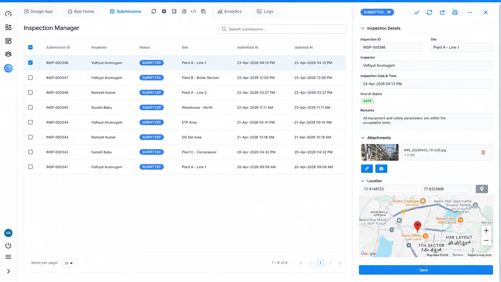 Submissions dashboard showing GPS location on a map