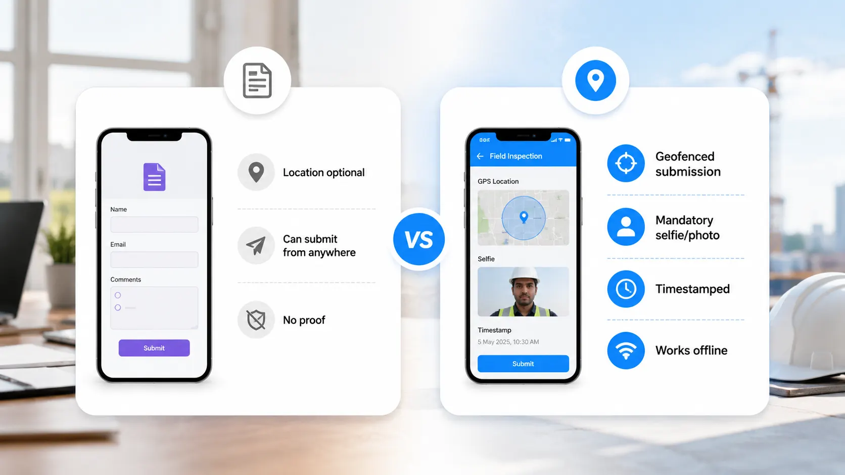 a simple side-by-side comparison infographic on a soft light real-world office/field background, on-brand blue (#2196f3). Left card 'Plain form / Google Form': location optional, can submit from anywhere, no proof. Right card 'Clappia No-code GPS field': geofenced submission, mandatory selfie/photo, timestamped, works offline