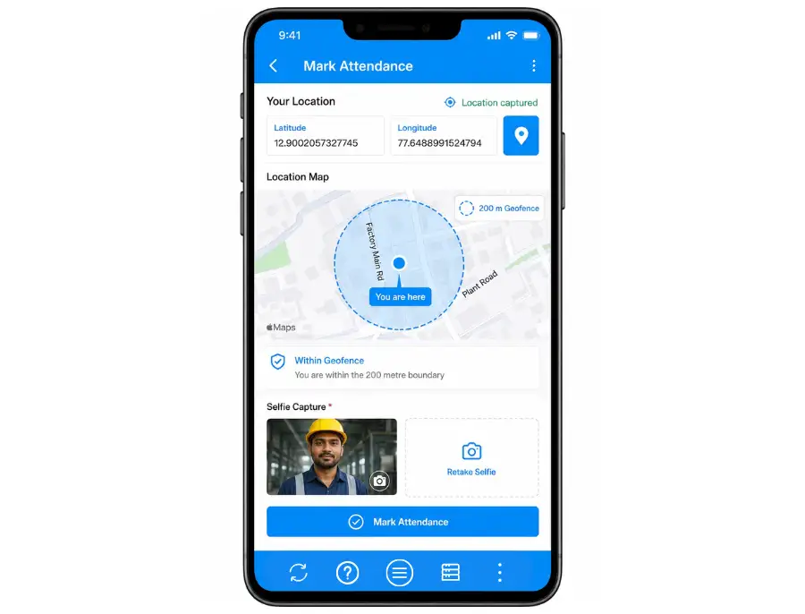mobile app made with clappia capturing attendance in geofence boundary