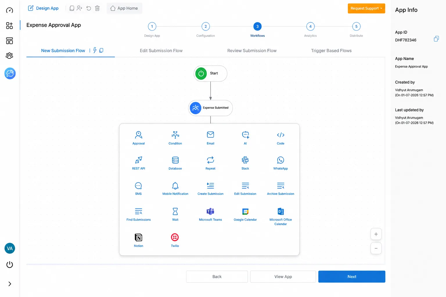 Clappia workflow builder for an Expense Approval app with the add-node modal open, showing node options: Approval, Condition, Email, AI, Code, REST API, Database, Repeat, Slack, WhatsApp, SMS and more.