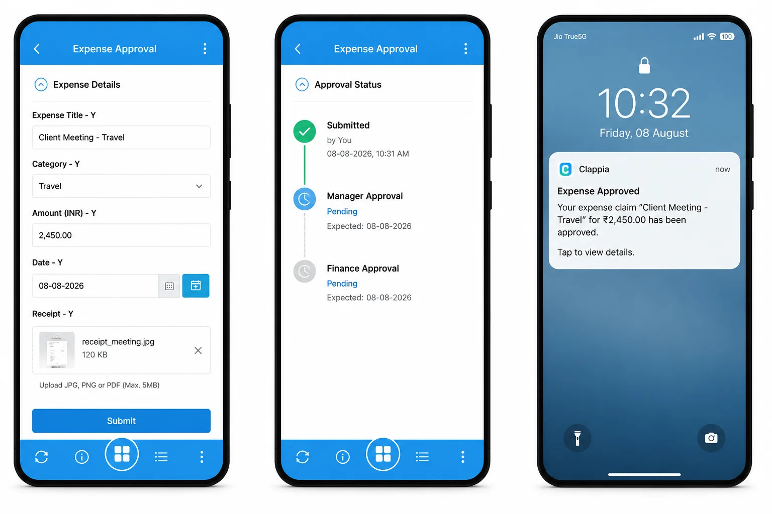 Clappia mobile expense approval app: an expense claim form, an approval status timeline with manager and finance pending, and a push notification that the expense is approved.