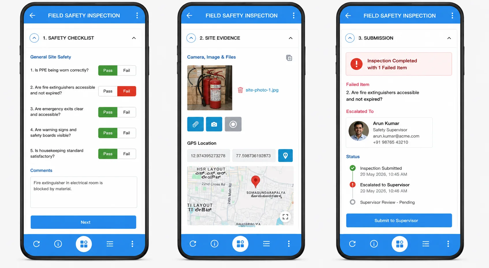 Clappia mobile field safety inspection app: a Pass/Fail safety checklist with a failed item, a site photo with GPS location capture, and a submission escalated to the safety supervisor.