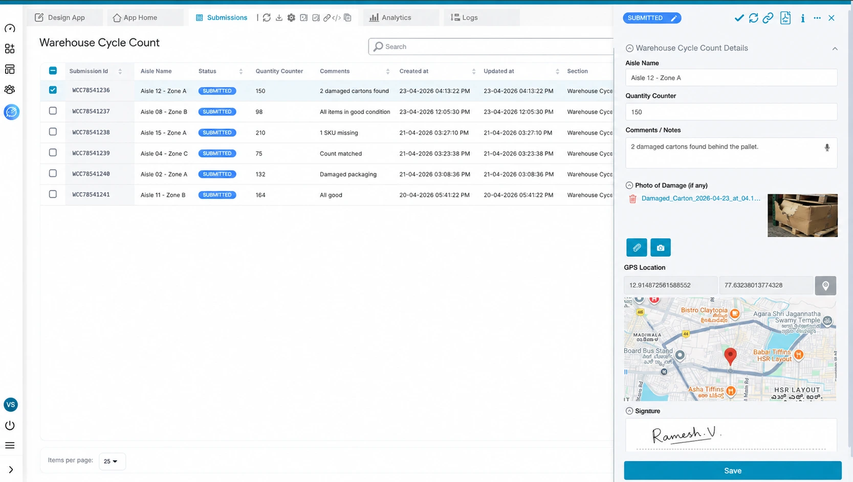create for usecase: supervisor reviewing Warehouse Cycle Count submissions on Clappia desktop. Submissions list on the left, one record open on the right with aisle name, quantity counter, photo of a damaged carton, GPS map pin, and e-signature. Rename the app title to Warehouse Cycle Count. Match the attached Clappia submissions UI exactly.