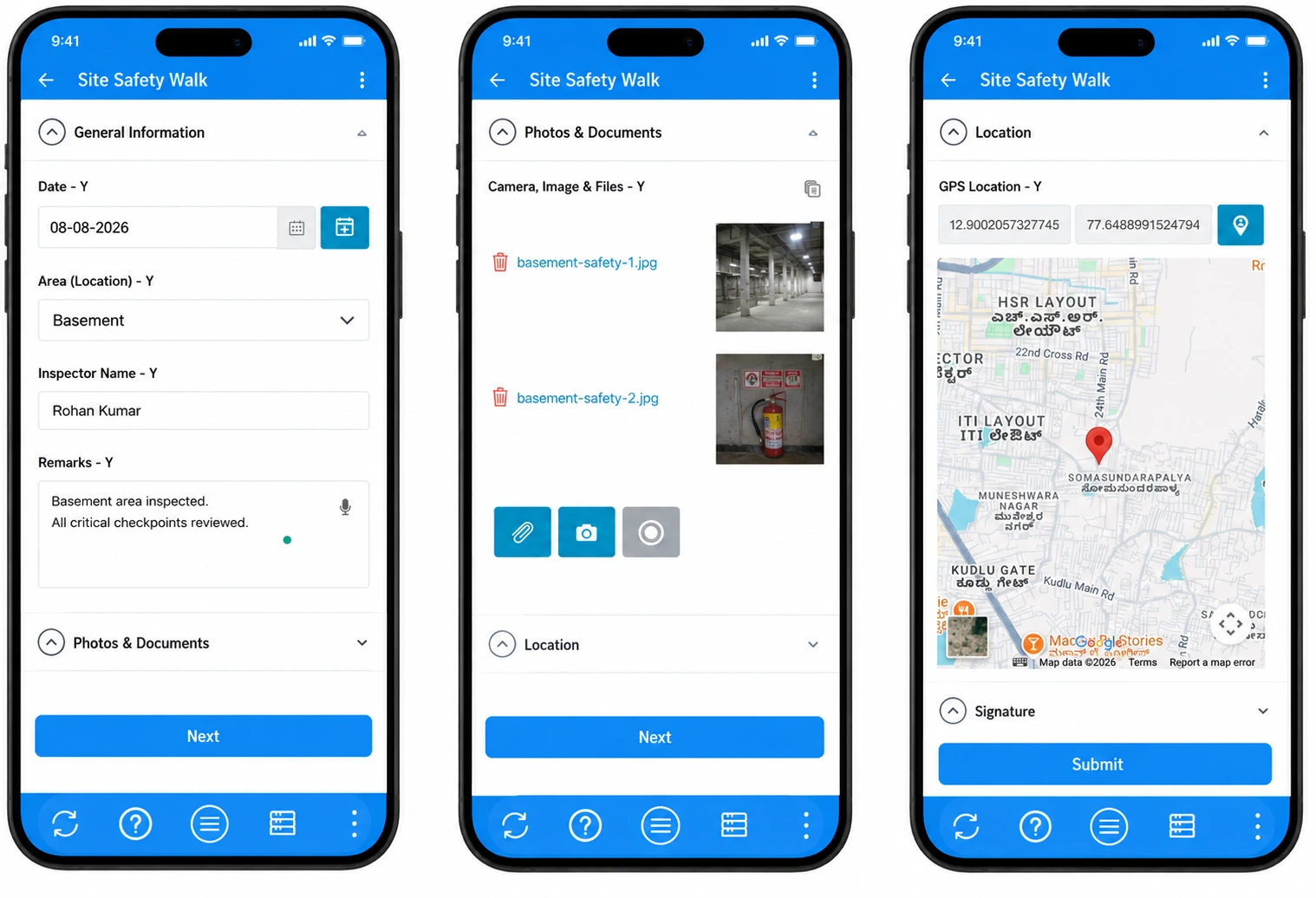 create for usecase: filled Clappia mobile form for a basement safety inspection named Site Safety Walk. Show date, dropdown Area set to Basement, camera photos attached, GPS location with map pin, and a Submit button. Match the attached Clappia mobile UI frame, GPS block, and camera block exactly.