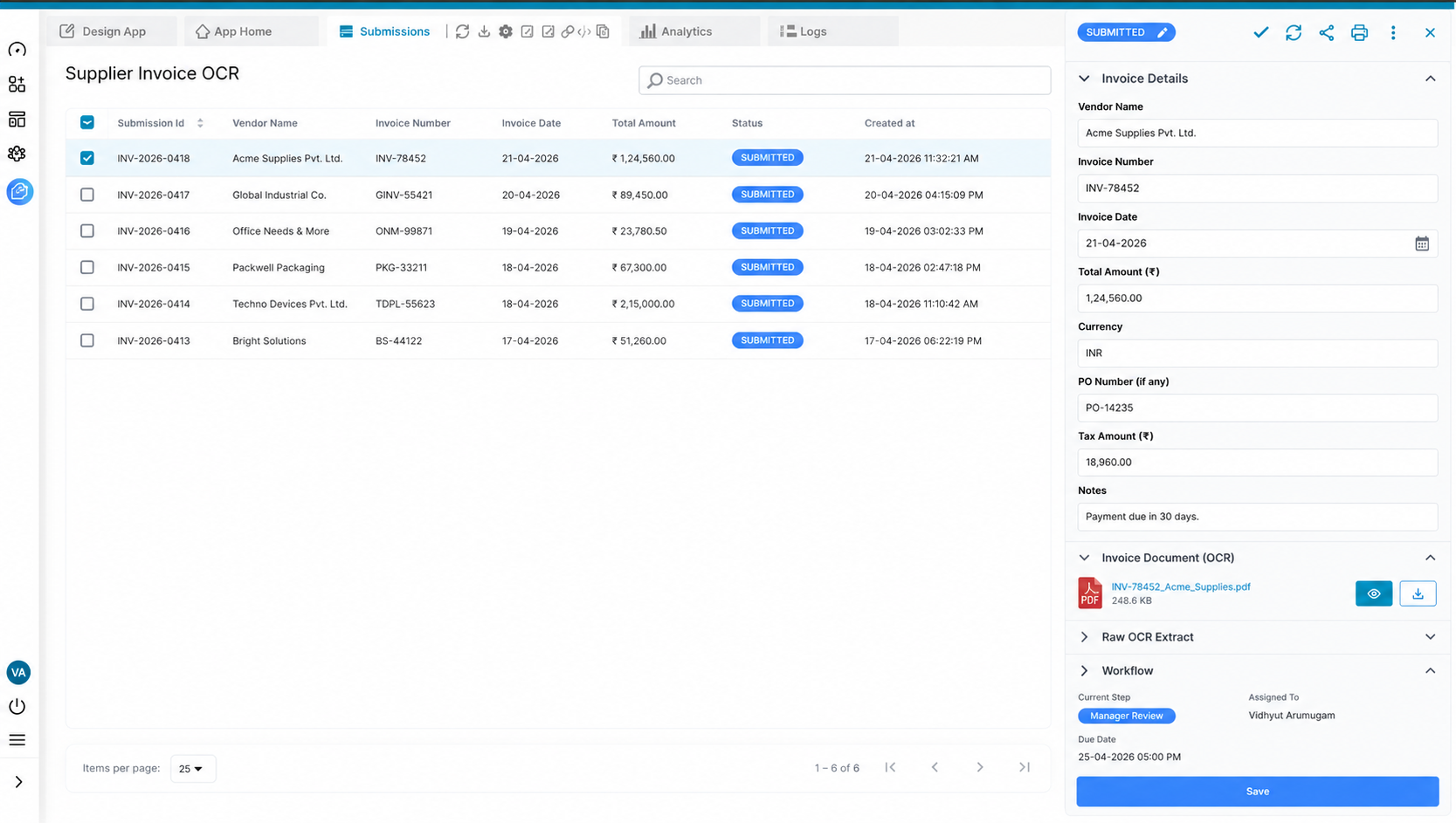 create for usecase: supplier invoice OCR app - a manager on a Mac reviewing a submission in the Submissions tab with an uploaded invoice PDF, vendor name, invoice number, invoice date and total amount already filled.