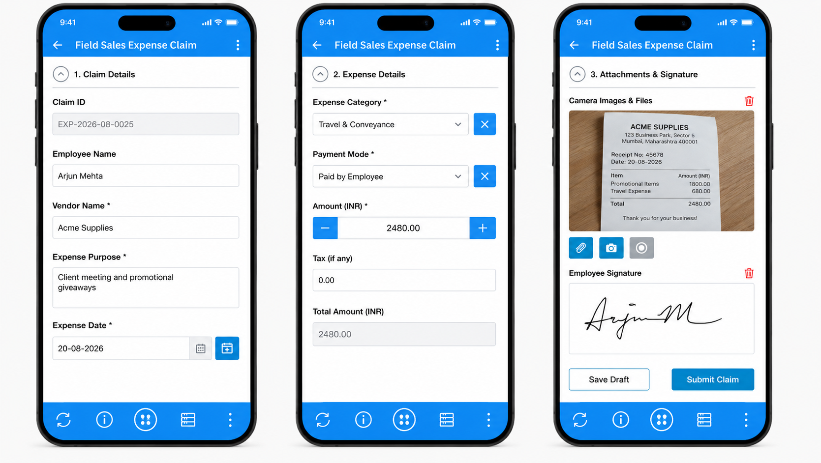 mobile ui for a field sales expense claim app with prefilled values: Camera Images & Files showing a photographed paper receipt attached, Vendor Name Acme Supplies, Amount 2480, Date 20 Aug 2026, and an e-signature; Clappia blue header #2196f3.