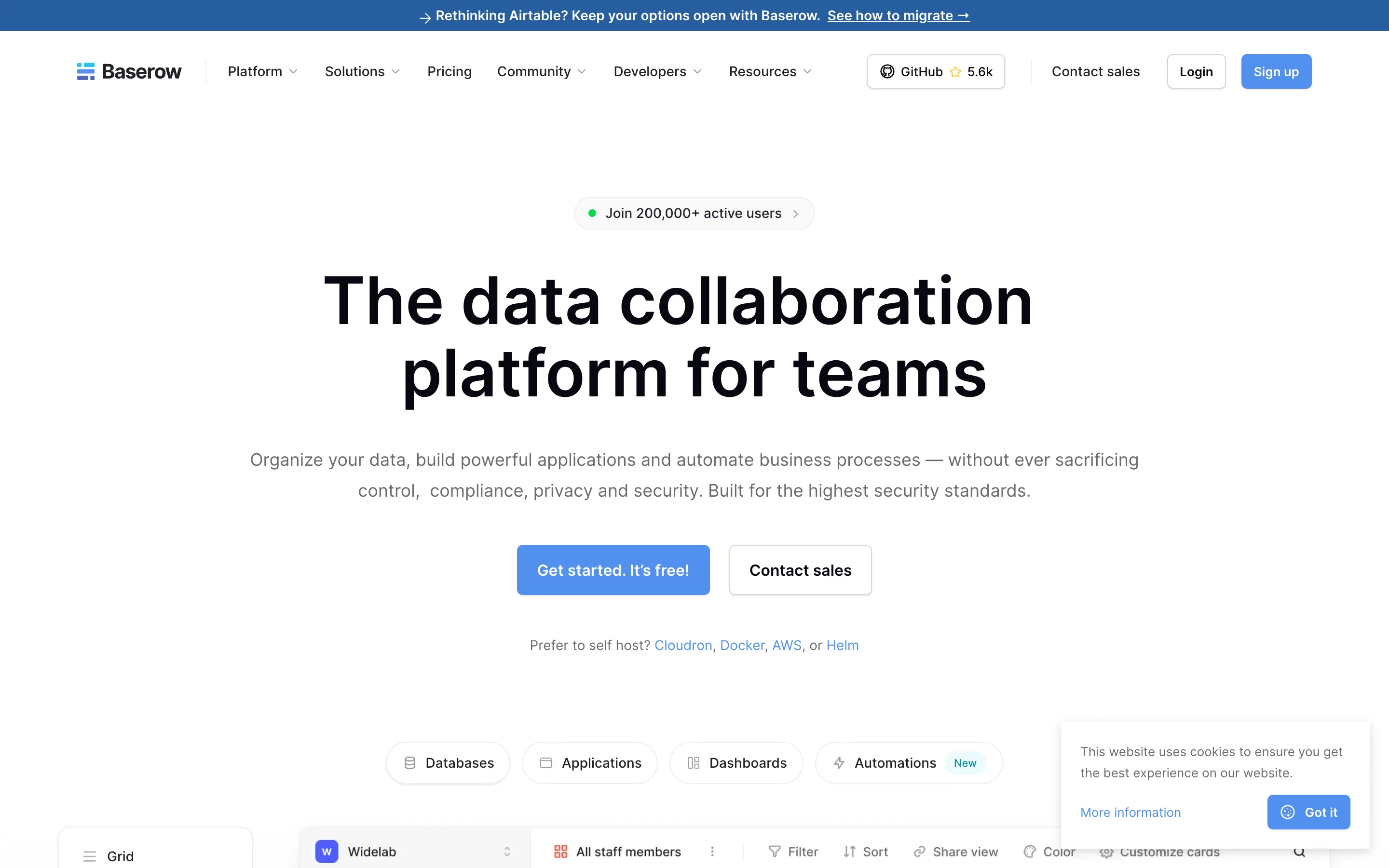 Baserow open-source self-hosted database with a spreadsheet interface