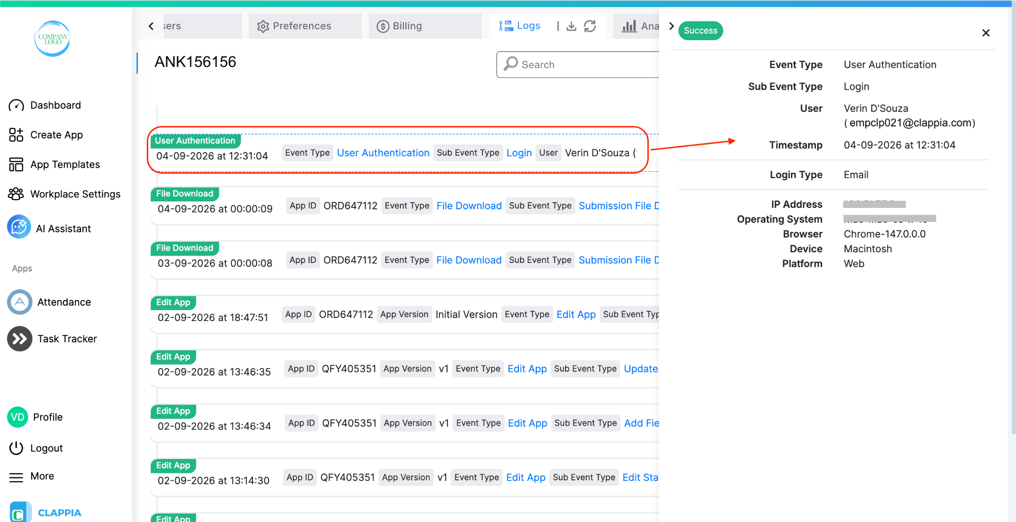 Login details in workplace logs