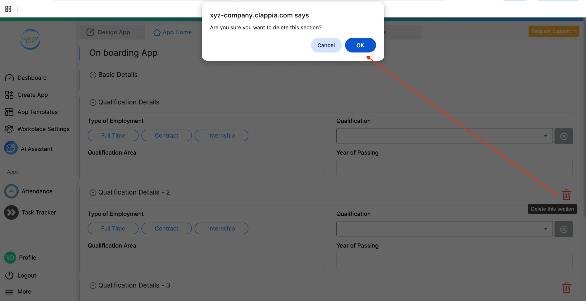 Popup notification to confirm deletion of copied section