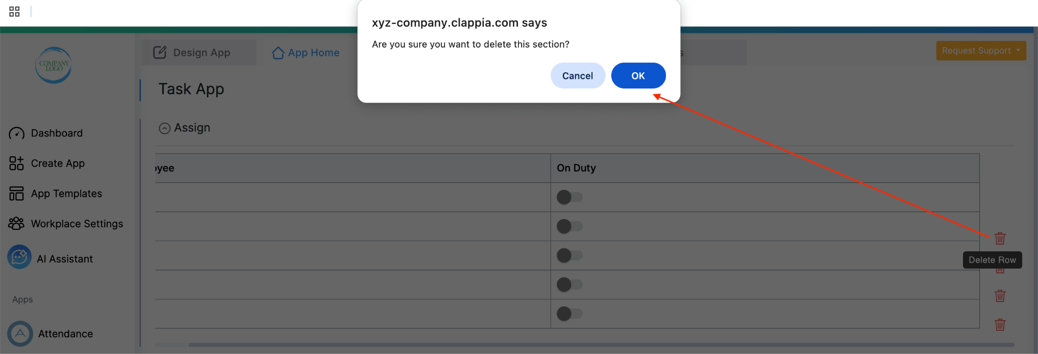 Pop up notification appears for confirmation when deleting a table row