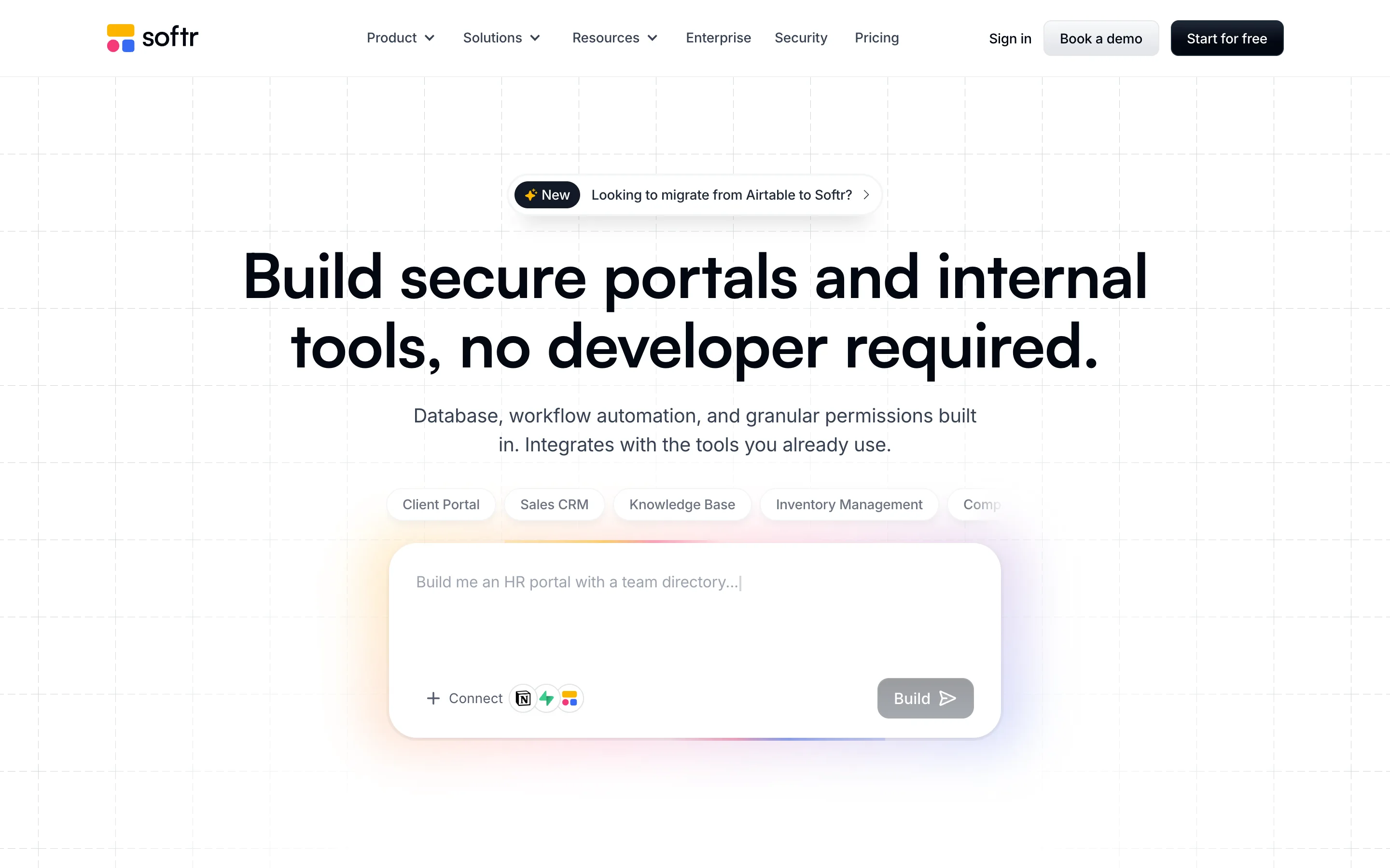Softr landing page showing secure portals and internal tools built without a developer