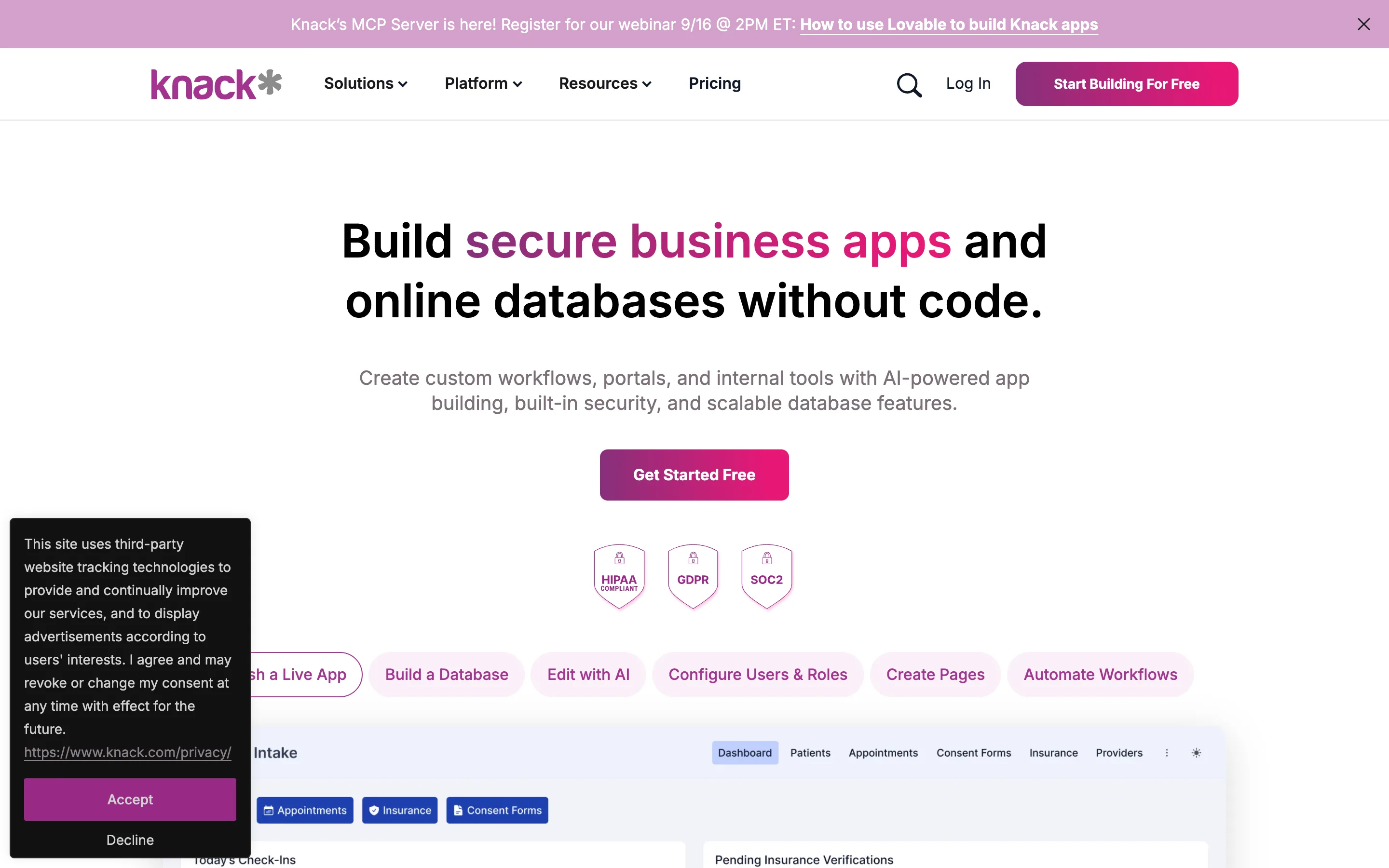Knack landing page showing secure business apps and online databases built without code