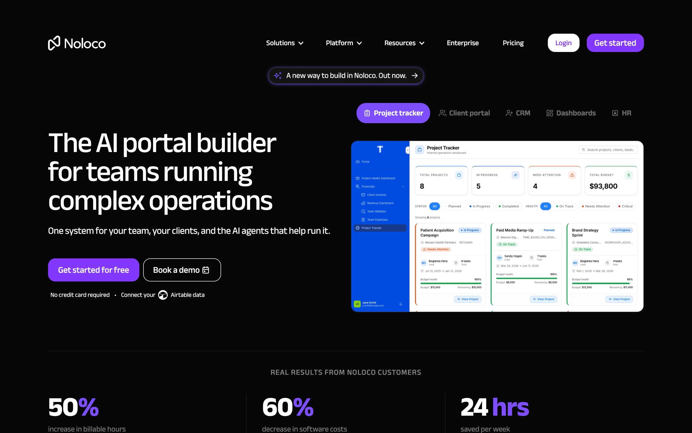 Noloco landing page showing an AI portal builder for teams running complex operations