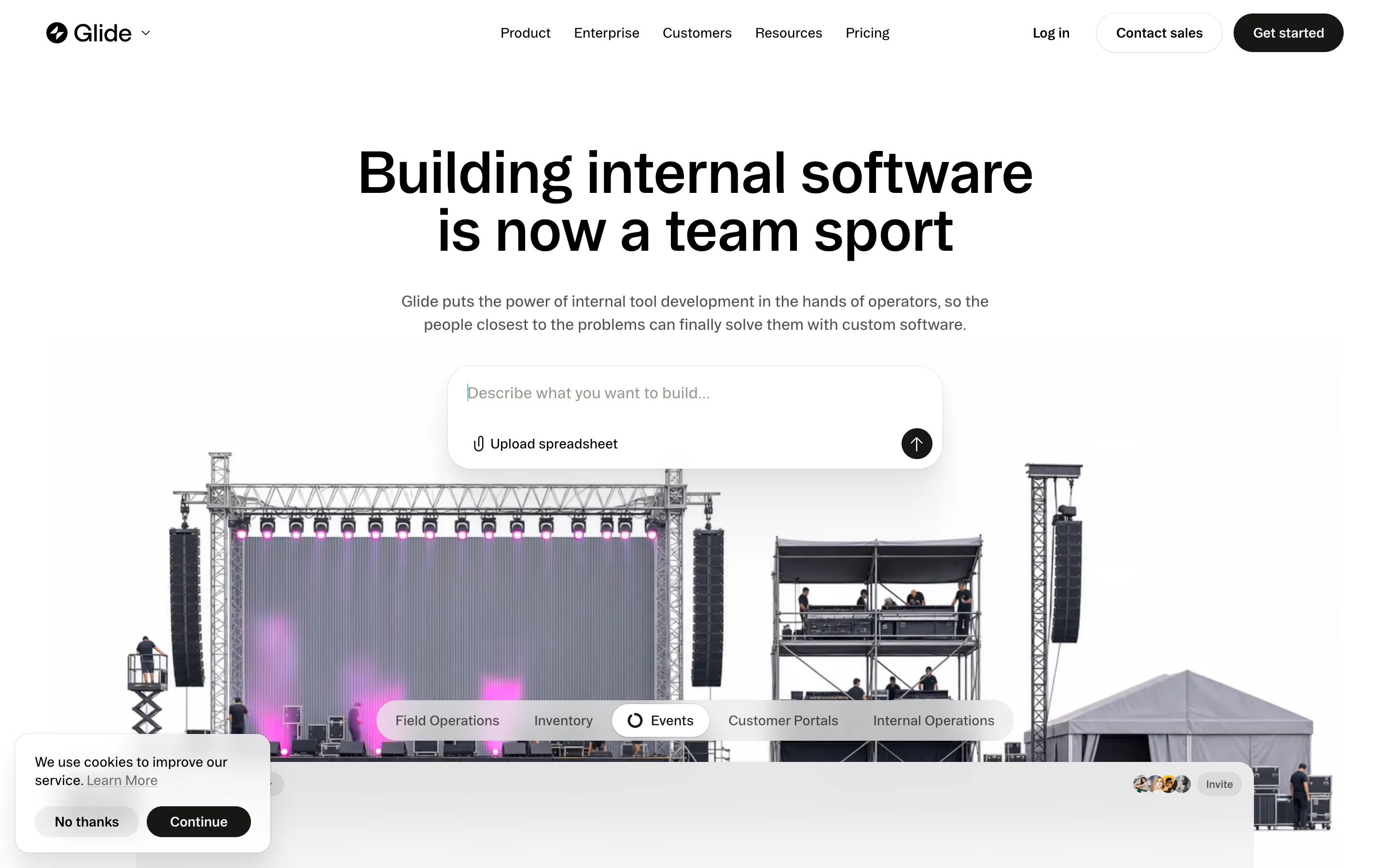 Glide landing page showing internal software built from spreadsheets