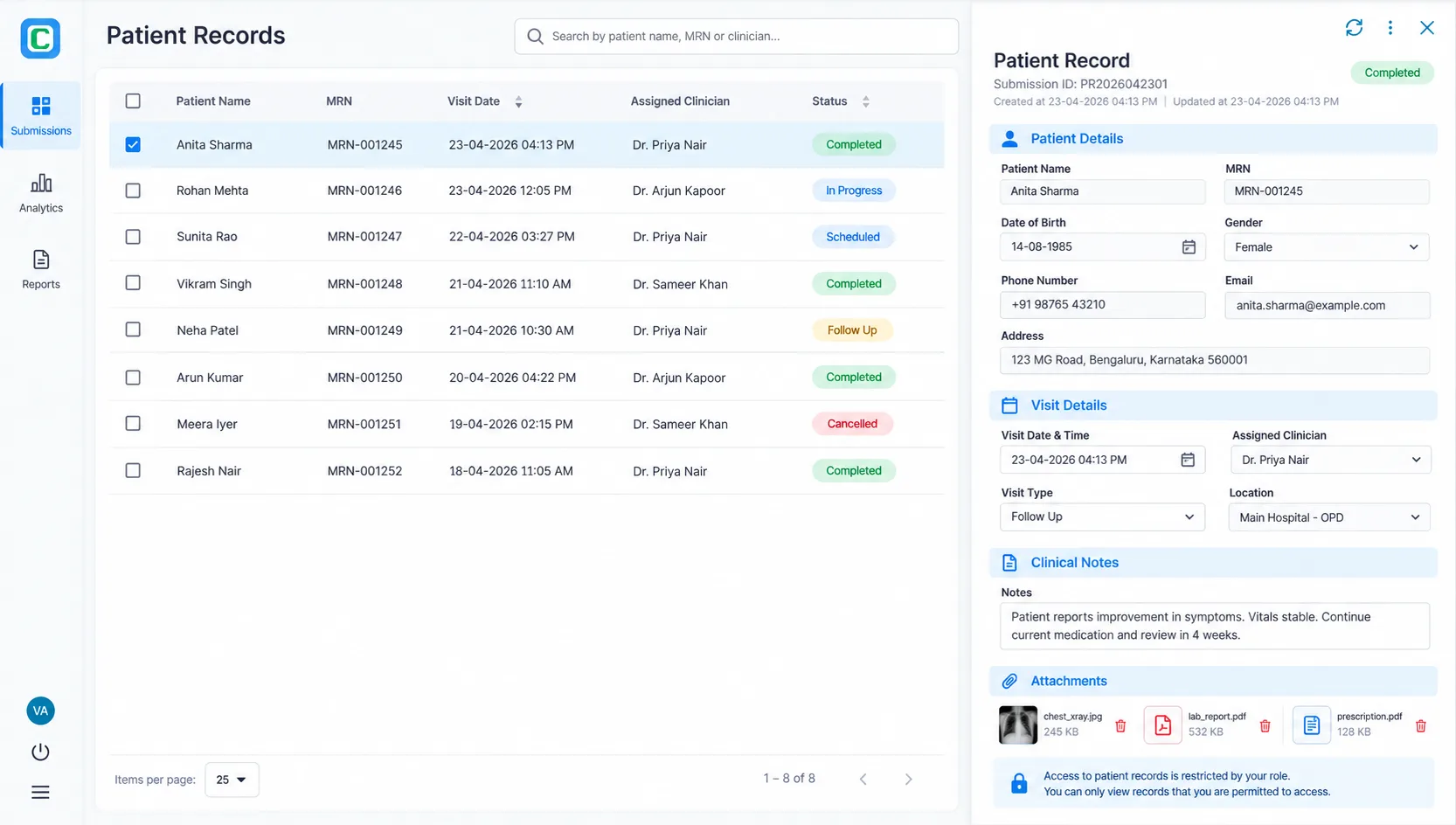 Clappia Patient Records app as an end user sees it: a submissions list with a record detail panel, restricted by role