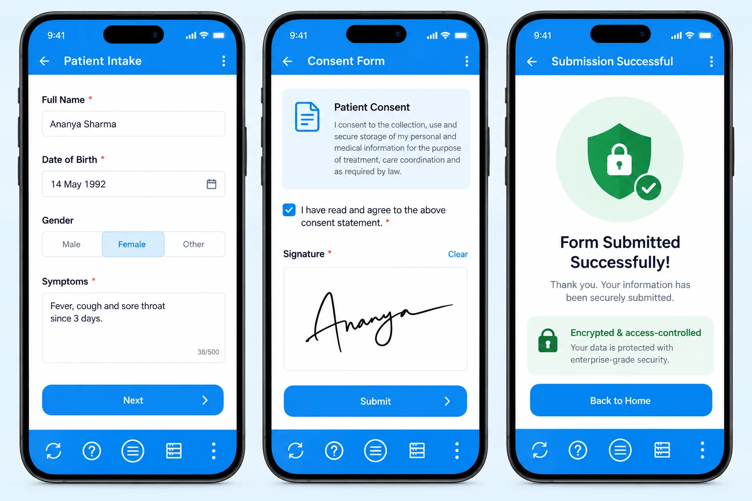 Three Clappia mobile screens: a patient intake form, a consent form with e-signature, and an encrypted, access-controlled submission confirmation