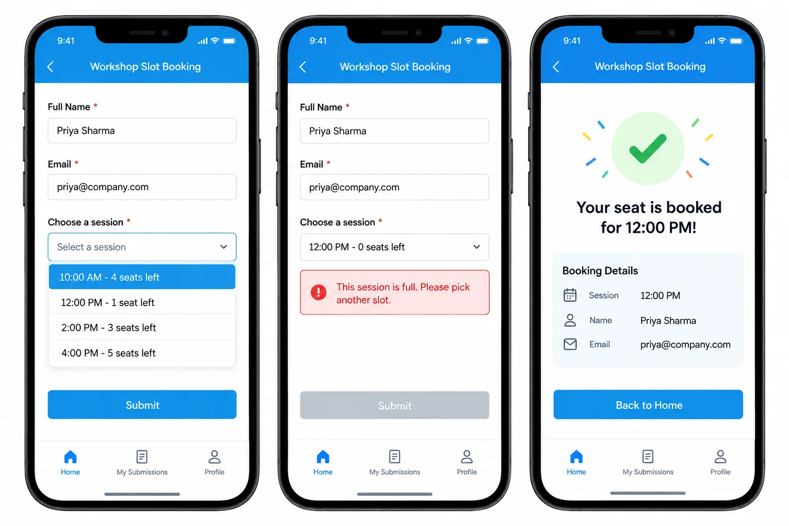 Three Clappia mobile screens of a Workshop Slot Booking app: a session dropdown showing seats left per time slot, a red error blocking submission because the chosen session is full, and a green confirmation that the seat is booked
