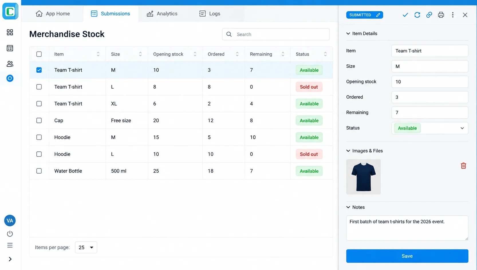 Clappia web submissions view of a Merchandise Stock app showing item, size, opening stock, ordered and remaining quantities, with sold-out items flagged in red and a record detail panel open
