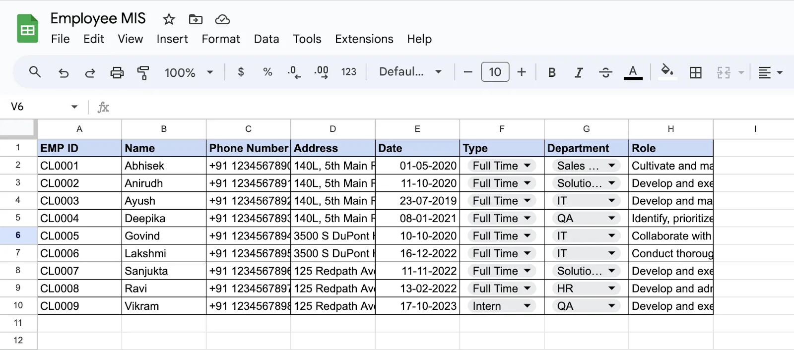 Employee data spreadsheet