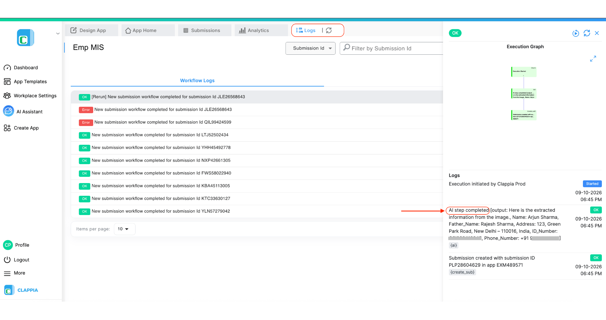 Workflow log showing AI workflow execution