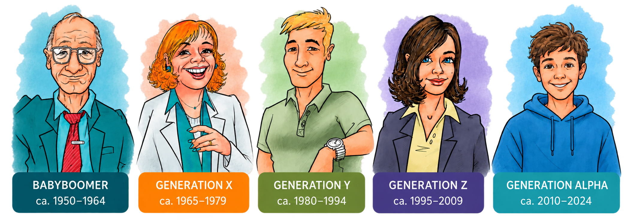 Fünf Generationen in der Arbeitswelt: Babyboomer, Generation X, Generation Y, Generation Z und Generation Alpha