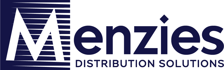 Menzies Distribution logo with stylized M and wordmark on blue background.