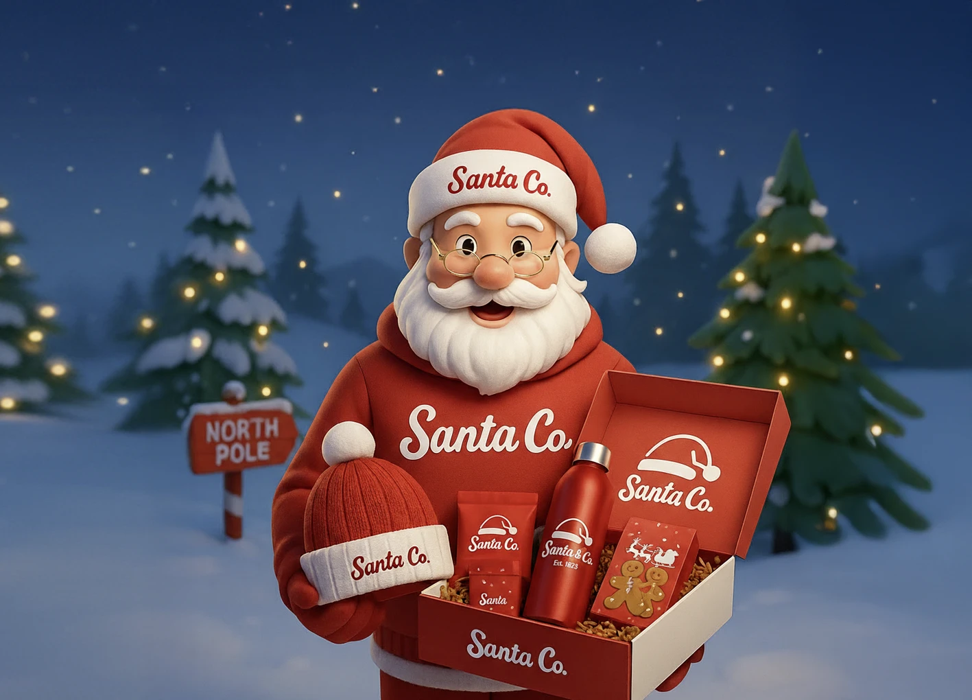 Weihnachtsmann im Cartoon Stil mit Weihnachtsmerch