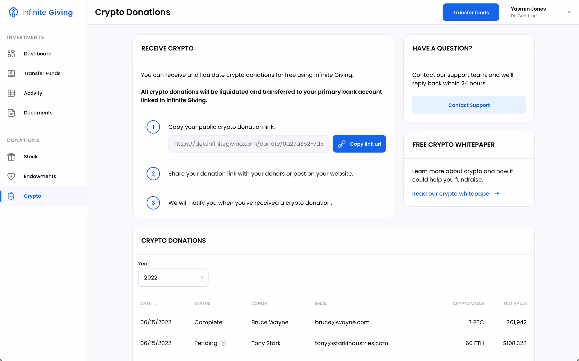 The dashboard of Infinite Giving’s crypto donation platform.