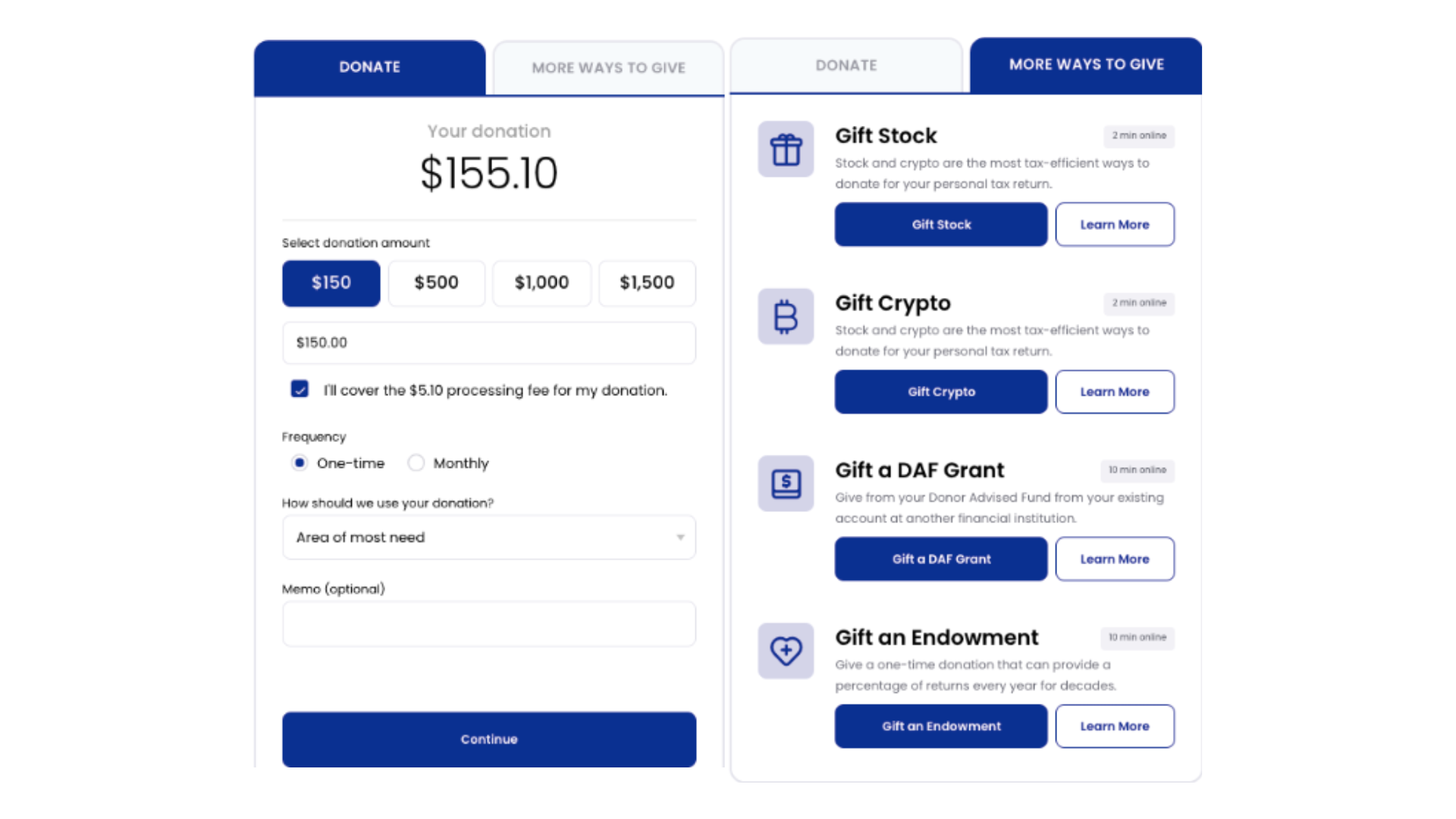 A screenshot of a donation form that accepts non-cash gifts of stock, crypto, and DAF grants, as well as endowment gifts