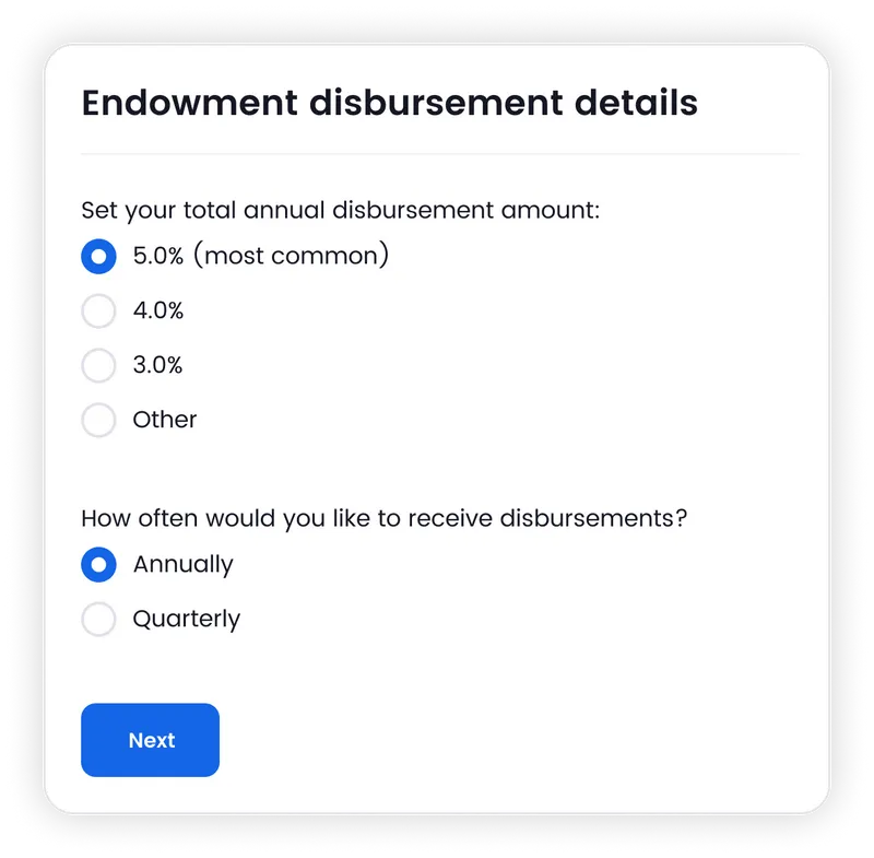 Selection screen prompting you to set annual disbursement amounts for an independent school endowment