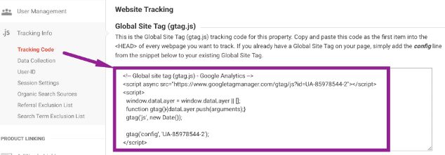 Image showing how to find the code snippet and tracking ID