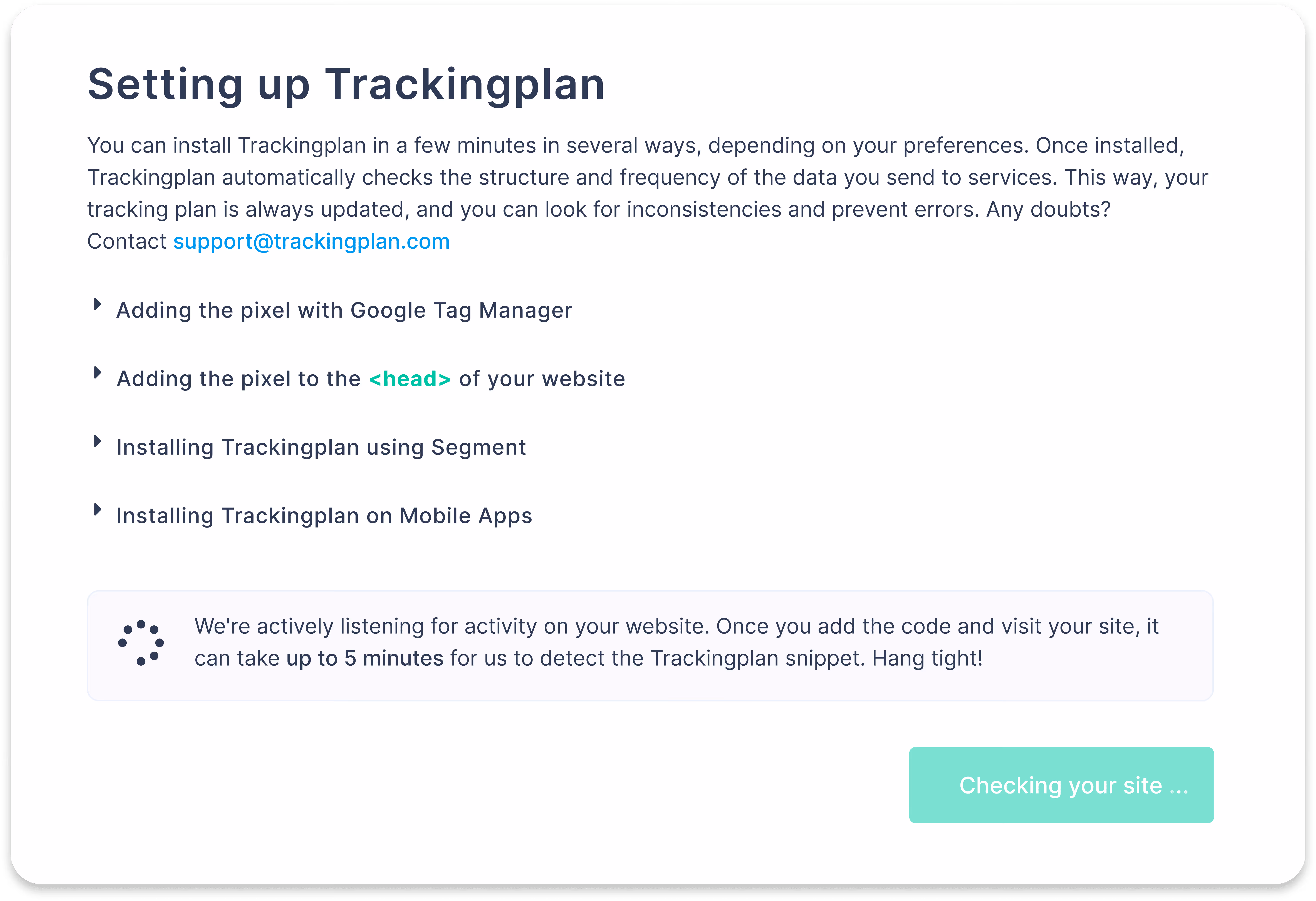 Setting up Trackingplan installation page