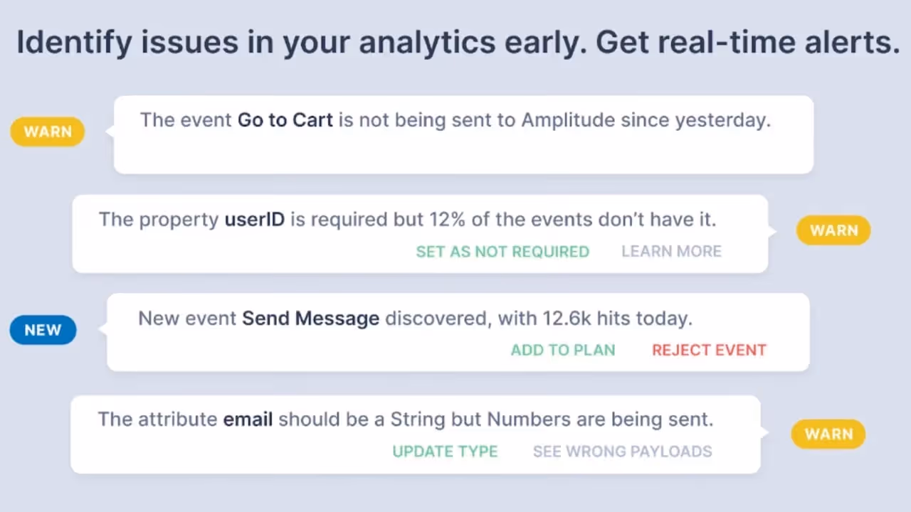 Examples of problems Trackingplan detects out of the box: lost events, missing properties, new events, wrong typing, etc.