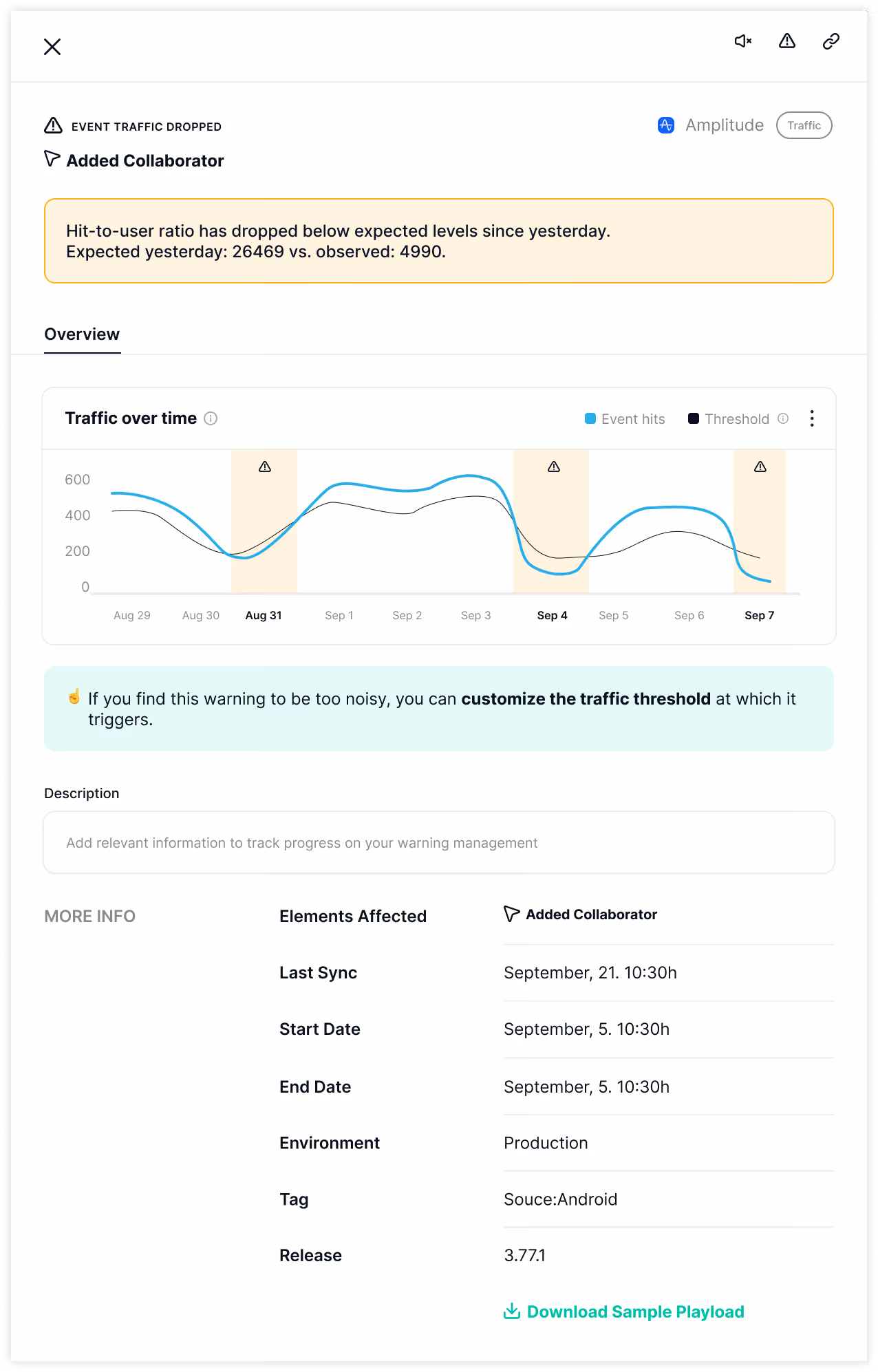 Trackingplan's Warning Management View for Traffic Warnings