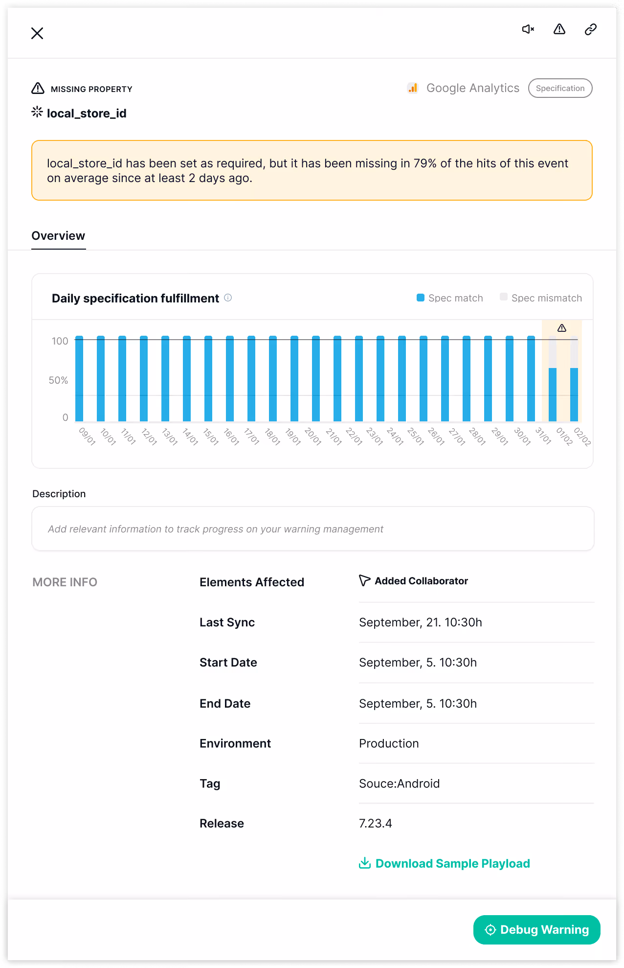 Trackingplan's Warning Management View for Specification Warnings