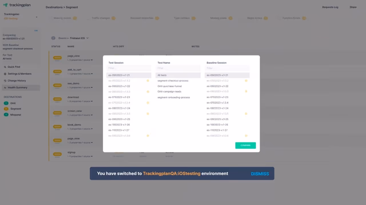 View of Trackingplan's Regression Testing module.