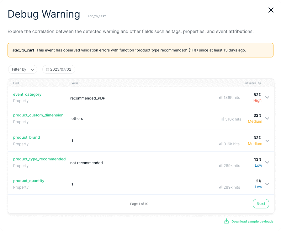View of Trackingplan's Debug Warning