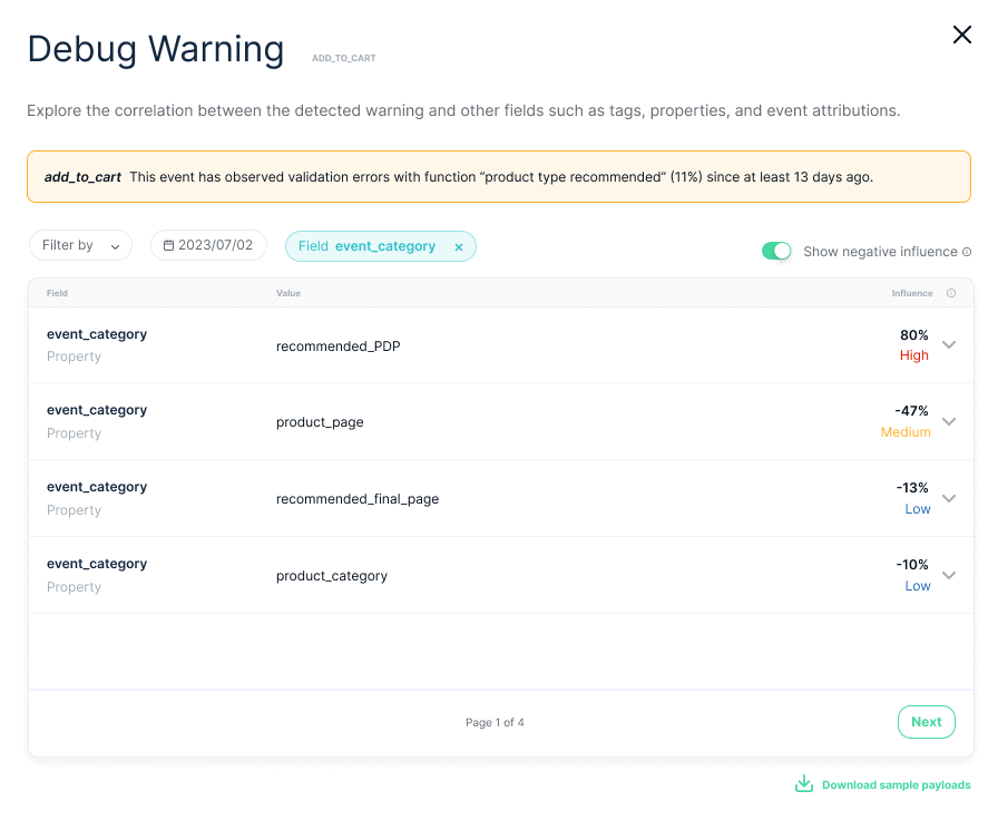 Example of how you can see the negative influence in the warnings spotted by Trackingplan