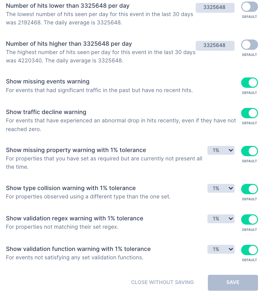 List of adjustments you are able to do with Trackingplan